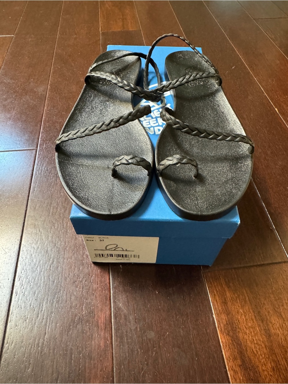 Ancient Greek Sandals Black Braided Toe-Loop Sandals